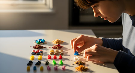 A focused individual meticulously sorts small colorful buttons, beads, and seeds into organized piles and rows on a white table. The scene is lit by warm sunlight, emphasizing the vibrant colors and the precision involved in this detail-oriented activity.の素材