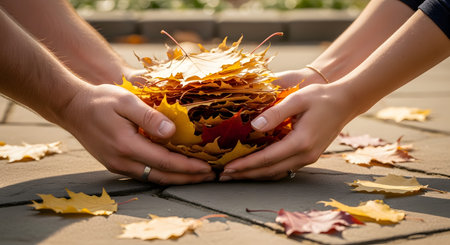 Two pairs of hands come together to hold a large pile of colorful autumn maple leaves against a paved background. The image symbolizes connection, the changing seasons, and the warmth of fall.の素材