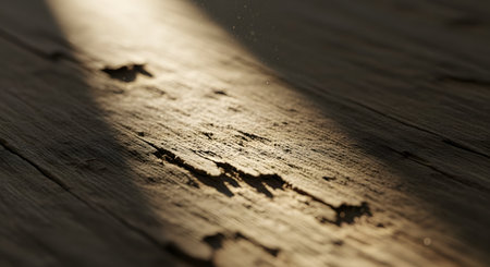 An extreme close-up of a rough, weathered wooden surface illuminated by a diagonal beam of sunlight. Floating dust particles are visible in the light, accentuating the deep grain and texture of the wood.の素材