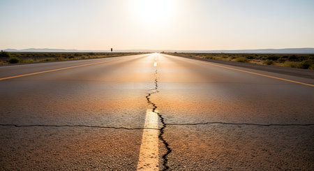 A long, straight asphalt road stretches endlessly towards the horizon at sunset, featuring a prominent crack down the center line. The low-angle shot emphasizes the journey, distance, and the open road ahead.の素材