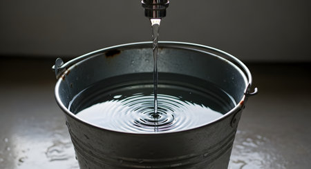 A stream of clear water trickles from a metal tap into a galvanized steel bucket creating ripples on the water surface. The image focuses on water conservation plumbing or simple rural living with high contrast lighting.の素材