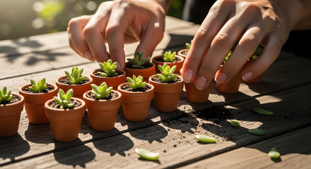 Close-up of hands carefully arranging rows of tiny terracotta pots planted with small green succulents on a wooden surface. The image captures the delicate and therapeutic nature of gardening and plant propagation in warm natural light.の素材