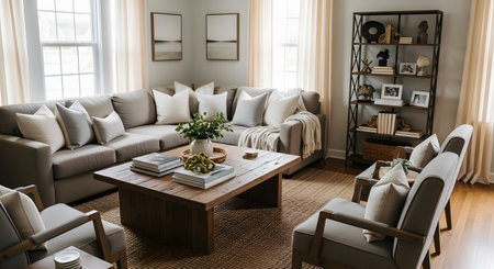 A warm and inviting living room features a large beige sectional sofa and a rustic wooden coffee table on a jute rug. Large windows fill the space with natural light, illuminating the neutral decor and open shelving unit.の素材