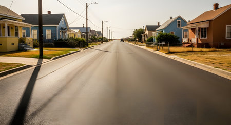 A straight asphalt road stretches into the distance, flanked by a row of small, colorful suburban houses under a bright sunny sky. Power lines run along the street, capturing a classic, quiet residential scene in a town or village.の素材
