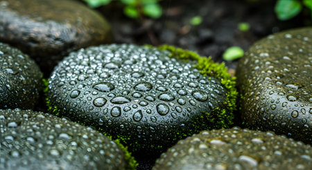 A macro shot focuses on smooth dark stones covered in patches of vibrant green moss and adorned with fresh water droplets. The texture and moisture suggest a serene natural environment, such as a riverbed or a garden after rain.の素材