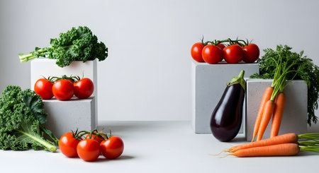 A minimalist composition of fresh vegetables, including tomatoes, carrots, kale, and eggplant, arranged on grey concrete blocks against a white background. The clean, modern aesthetic highlights the vibrancy and freshness of the organic produce.の素材