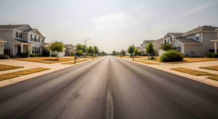A symmetrical view down the center of a quiet suburban street lined with identical two-story houses and young trees. The empty asphalt road stretches into the distance under a clear sky, representing a typical residential neighborhood.の素材