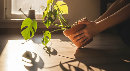 Hands hold and tilt a terracotta pot containing a Monstera plant, casting dramatic shadows on a wooden floor. The scene captures the care and maintenance of indoor houseplants in a sunlit room.の素材