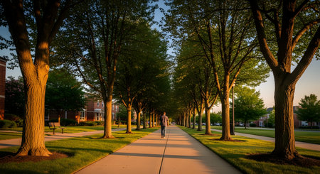 A lone person walks away down a long, concrete pathway lined with mature trees casting long shadows at sunset. The golden light illuminates the green grass and brick buildings, suggesting a campus or park setting.の素材