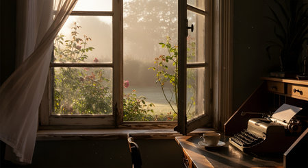 A vintage typewriter and a cup of coffee sit on a wooden desk next to an open window overlooking a misty, sunlit garden. The scene evokes a nostalgic and creative atmosphere, perfect for writing.の素材