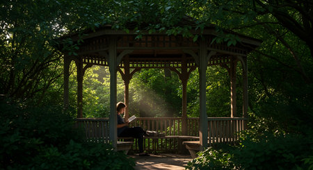A woman sits quietly reading a book inside a wooden gazebo surrounded by a dense, green forest. Beautiful sunbeams filter through the trees, creating a peaceful and magical atmosphere for relaxation.の素材