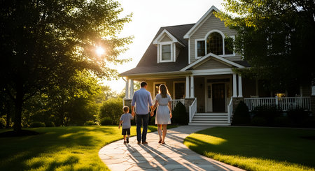 A family of four holding hands while walking along a stone path toward a large two-story suburban house. The sun is setting behind trees creating a warm backlit golden hour glow over the green lawn.の素材