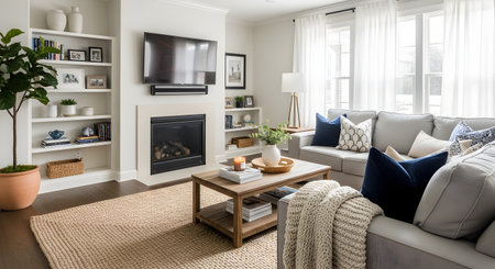 A beautifully designed living room features a grey sofa with blue pillows, a wooden coffee table, and a modern fireplace with a mounted TV. Large windows, built-in shelves, and a large potted plant complete the bright, contemporary space.の素材