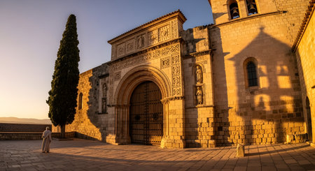 The ornate stone facade of a historic church or monastery glows in the warm light of sunset. A large wooden arched door stands as the centerpiece, while a figure in robes walks in the distance, adding a sense of scale and history.の素材