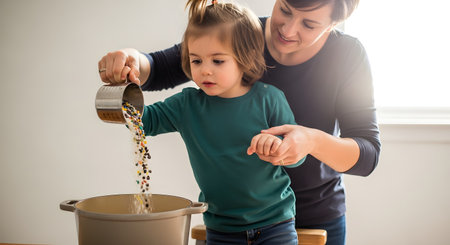 A smiling mother helps her toddler pour colorful ingredients from a metal measuring cup into a pot. The image depicts a fun, educational moment of cooking and bonding in a bright kitchen.の素材