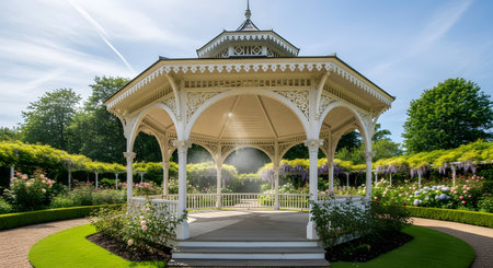 A beautiful, ornate white wooden gazebo stands in the center of a lush garden filled with blooming roses and wisteria. The sunny blue sky and manicured lawn create a romantic and idyllic park setting perfect for events.の素材