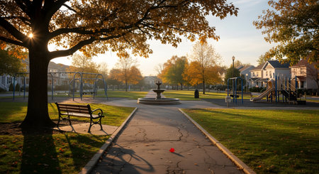 A picturesque park landscape bathed in golden autumn light features a paved path leading to a classic fountain. A wooden bench sits under a large tree, and a playground is visible in the background, surrounded by suburban homes.の素材