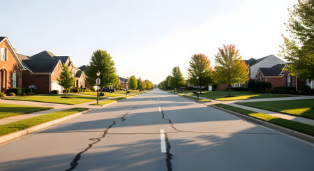 A wide, empty asphalt street stretches through a quiet suburban neighborhood lined with brick houses and young trees. The long shadows and clear sky suggest a peaceful morning or late afternoon in a safe, residential community.の素材