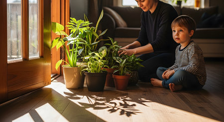 A mother and her young son sit on the floor by a sunny patio door, surrounded by lush indoor potted plants. The woman tends to the greenery while the child watches, capturing a warm, educational family moment at home.の素材
