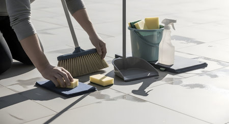 A person sweeps a tiled floor on a sunny patio using a broom and dustpan. Cleaning supplies like a spray bottle, bucket, and sponges are arranged nearby, highlighting a spring cleaning theme.の素材