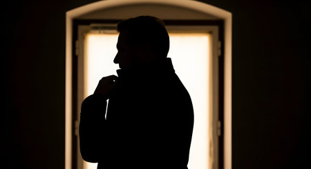 A dramatic silhouette of a man standing in profile against a bright window, adjusting his coat collar. The high-contrast lighting creates a mysterious, noir-style atmosphere, evoking themes of espionage, detectives, or contemplation.の素材
