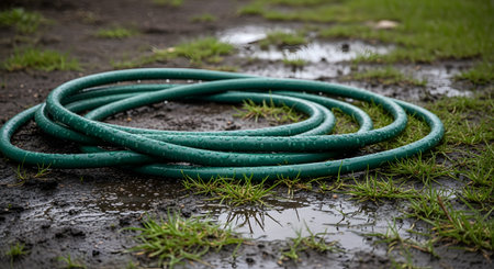 A green garden hose is coiled on wet, muddy ground with sparse grass, likely after rain or watering. The image highlights the utilitarian and messy aspect of gardening chores and outdoor maintenance.の素材