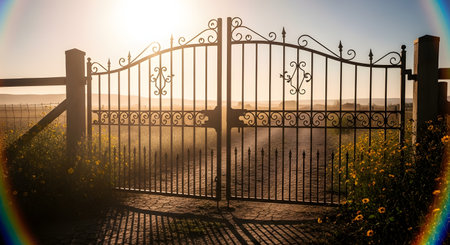 An ornate black iron gate stands open, revealing a dirt path leading into a misty countryside field at sunrise. The sun flares brightly through the gate, illuminating wildflowers and creating a rainbow lens flare effect.の素材