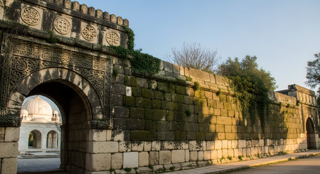 An ancient stone archway and fortified wall, characteristic of historic Indo-Islamic architecture, glowing in the soft light of sunrise or sunset. A domed structure is visible through the arch, highlighting the rich heritage and travel appeal of the location.の素材