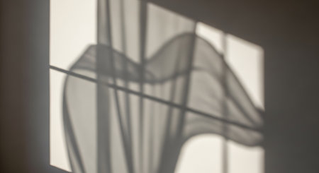 Soft, wavy shadows of a curtain are cast against a light-colored wall, framed by the shadow of a window pane. The abstract interplay of light and dark creates a gentle, calming, and artistic visual texture.の素材