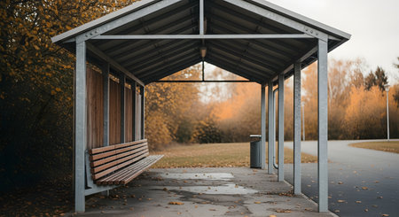 A metal shelter with a corrugated roof and wooden bench stands on a paved area in a park. The background features trees with orange autumn leaves suggesting a quiet waiting area or rest stop in the fall season.の素材