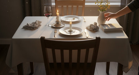A dining table displays the remnants of a meal, with dirty plates, melted candles, and a half-empty glass of wine. A hand reaches to adjust a vase of dried flowers, capturing a mood of nostalgia or the end of a romantic evening.の素材