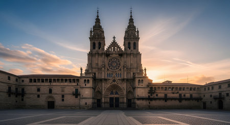 A majestic view of a historic gothic cathedral facade facing a large empty stone square at sunset. The intricate architectural details, towers, and rose window are silhouetted against a dramatic sky with streaking clouds and warm golden light.の素材