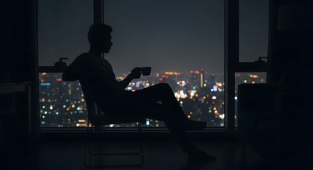 The silhouette of a man sits in a chair by a large window, holding a cup while overlooking a vibrant city skyline at night. The blurred city lights create a colorful bokeh background, evoking themes of success, relaxation, and urban living.の素材