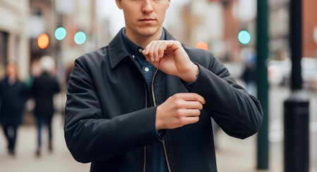 A young man stands on a city street, adjusting the sleeve cuff of his black jacket. The urban background is blurred, focusing attention on his fashion and confident demeanor.の素材