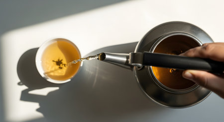 A top-down perspective shows hot water being poured from a silver kettle into a white cup containing tea leaves. Strong sunlight creates dramatic shadows on the white surface, highlighting the golden color of the brewing tea.の素材