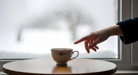 A hand reaches out to touch a vintage-style tea cup sitting on a wooden table. In the background, a window covered in winter frost and snow provides a cold contrast to the warmth implied by the hot beverage.の素材