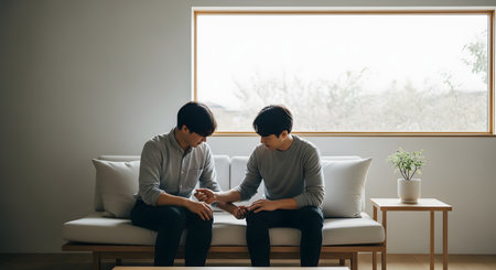 Two men sit on a sofa in a minimalist living room, engaged in a serious conversation. One man gently touches the other's arm in a gesture of comfort, empathy, and support, highlighting a moment of emotional connection.の素材