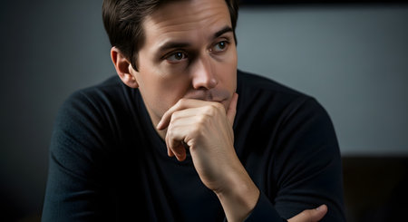A close-up portrait of a man looking away with a pensive expression, resting his chin on his hand. The moody lighting and dark background accentuate his serious demeanor and deep contemplation.の素材