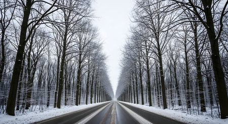 A straight road stretches into the distance, flanked by tall, symmetrical rows of leafless trees covered in light snow. The winter landscape conveys a sense of stillness, cold beauty, and an endless journey through nature.の素材