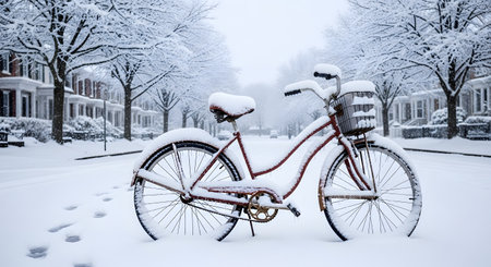 A red bicycle parked on the side of a road is completely covered in a thick layer of fresh white snow. The background features a quiet, tree-lined residential street with row houses, capturing the stillness of a winter storm.の素材