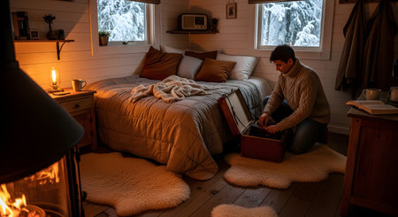 A man kneels on a rug in a rustic wooden cabin, packing a vintage suitcase on a bed. A fireplace glows nearby, and a snowy winter scene is visible through the window, suggesting a holiday trip or getaway.の素材