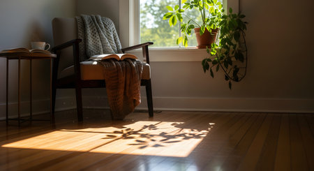 A cozy reading nook featuring an armchair with a textured knit blanket and an open book, illuminated by sunlight streaming through a window. A green potted plant sits on the windowsill, adding a touch of nature to the peaceful indoor scene.の素材