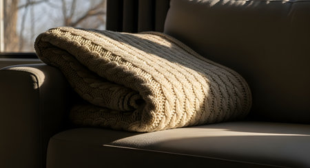 A neatly folded beige knitted blanket rests on the arm of a sofa, illuminated by a warm beam of sunlight. The texture of the knit is highlighted by the light, evoking feelings of comfort, warmth, and a cozy home environment.の素材