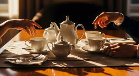 Multiple hands reach for delicate white tea cups on a table bathed in golden sunset light. A classic white teapot and sugar bowl sit in the center, creating an elegant and warm atmosphere perfect for a social afternoon gathering.の素材