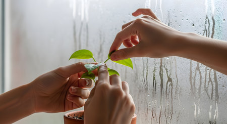 Hands gently touch the leaves of a small green potted plant placed near a window covered in condensation. The image captures a moment of connection with nature, emphasizing growth, care, and sustainability on a rainy or cold day.の素材