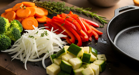 Freshly chopped vegetables, including carrots, peppers, onions, and broccoli, are arranged on a dark wooden cutting board next to a cast iron skillet. The image captures the preparation stage of a healthy home-cooked meal.の素材