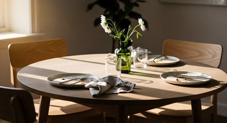 A wooden dining table is scattered with dirty plates, cutlery, and napkins after a meal. Sunlight streams across the surface, highlighting the remnants of lunch or breakfast and a vase of flowers in the center.の素材