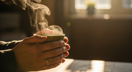 Close-up of hands holding a steaming green mug, illuminated by warm backlighting from a window. The steam rising from the hot drink evokes a sense of comfort, warmth, and relaxation on a cold morning.の素材