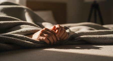 Close-up of hands pulling a grey knitted blanket up while resting in bed. The sunlit scene evokes feelings of comfort, warmth, and the reluctance to leave bed on a lazy morning.の素材