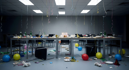 An empty office room scattered with balloons, streamers, and leftover food after a celebration. The scene depicts the messy aftermath of a party with chairs askew and debris on the floor.の素材